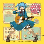  1girl arm_up bloomers blue_eyes blue_hair character_name dress effects_pedal electric_guitar fender guitar hair_bobbles hair_ornament instrument kawashiro_nitori long_sleeves looking_at_viewer maru8_a_go_go musical_instrument no_hat no_headwear open_mouth ribbon short_hair short_twintails skirt skirt_set smile socks solo standing touhou twintails underwear whammy_bar 