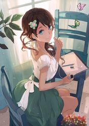  1girl blue_eyes brown_hair butterfly chair digital_media_player dress earphones eraser highres ooi_choon_liang pencil sketchbook smile solo window 