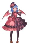  1girl alternate_costume bag bat_wings black_legwear blue_hair dress fang handbag hat lolita_fashion long_sleeves looking_at_viewer mary_janes mio-muo1206 open_mouth pantyhose red_eyes remilia_scarlet shoes short_hair simple_background smile solo top_hat touhou white_background wings 