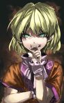  1girl biting blonde_hair blood finger_biting finger_in_mouth green_eyes highres mizuhashi_parsee rikkido short_hair touhou 