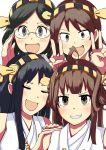  4girls adjusting_glasses bare_shoulders blue_eyes blush breasts brown_eyes brown_hair detached_sleeves double_bun double_v glasses hair_ornament hairband haruna_(kantai_collection) headgear hiei_(kantai_collection) highres japanese_clothes kantai_collection kirishima_(kantai_collection) kongou_(kantai_collection) koyaki_(nariyan555) long_hair multiple_girls nontraditional_miko open_mouth personification short_hair skirt smile v 