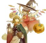  2girls apron ascot basket blonde_hair bow braid cape carrying_under_arm crescent expressionless flandre_scarlet flying gloves hair_bow hat hat_removed hat_ribbon headwear_removed holding holding_hat jack-o&#039;-lantern kirisame_marisa lantern leg_up long_sleeves looking_at_another looking_back mob_cap multiple_girls open_mouth puffy_short_sleeves puffy_sleeves red_eyes ribbon scarf short_hair short_sleeves simple_background single_braid skirt skirt_set star touhou vitaminlemon waist_apron white_background wings witch_hat yellow_eyes 