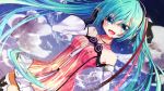  1girl aqua_eyes aqua_hair detached_sleeves fingerless_gloves freely_tomorrow_(vocaloid) gloves hatsune_miku headset highres long_hair open_mouth project_diva_f skirt solo thighhighs tsukasa_kinako twintails very_long_hair vocaloid 