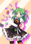  1girl alternate_costume blush breasts candy frog gohei green_eyes green_hair hair_ornament halloween kochiya_sanae long_hair nitizyo open_mouth short_twintails skirt smile snake_hair_ornament striped striped_legwear thighhighs touhou twintails vest 