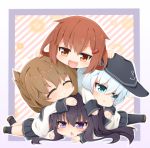  4girls akatsuki_(kantai_collection) black_hair blue_eyes brown_eyes brown_hair chestnut_mouth fang hair_ornament hairclip hibiki_(kantai_collection) ikazuchi_(kantai_collection) inazuma_(kantai_collection) kantai_collection multiple_girls open_mouth pantyhose personification purple_hair rateratte sailor_dress silver_hair sleeves_past_wrists violet_eyes 