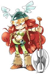  1girl axe barbara_(rayman) bare_shoulders battle_axe big_hair blush bracer curly_hair hair_tubes helmet leg_warmers oyatsu_(mk2) pantyhose payot pencil_skirt rayman rayman_legends redhead small_breasts smile solo tubetop viking weapon winged_helmet 