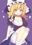  1girl apron black_dress blonde_hair bloomers bow braid collarbone culter dress hand_on_knee hat hat_bow kirisame_marisa looking_at_viewer open_mouth puffy_sleeves short_sleeves single_braid sitting solo star touhou underwear waist_apron witch_hat yellow_eyes 
