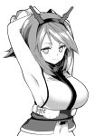  1girl armpits arms_up blush breasts fuantei gloves headgear kantai_collection large_breasts looking_at_viewer monochrome mutsu_(kantai_collection) navel personification short_hair sideboob simple_background solo white_background 