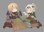  1boy 1girl :o armor artist_request blonde_hair castle chibi elf grey_background map marcus_stern official_art open_mouth pointy_ears project_phoenix ruler scissors simple_background smile sylrianah_tyrnearaheal volcano white_hair |_| 