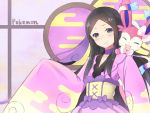  1girl black_hair blush copyright_name furisode gym_leader japanese_clothes k@ito90p kimono long_hair long_sleeves looking_at_viewer mache_(pokemon) pokemon pokemon_(creature) pokemon_(game) pokemon_xy smile solo sylveon violet_eyes 