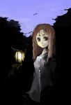  1girl brown_eyes brown_hair copyright_request dark expressionless lantern long_hair looking_at_viewer sky solo stare travo 