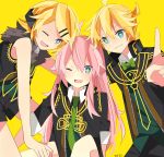  1boy 2girls absurdres artist_name blonde_hair blue_eyes bowtie brother_and_sister fang fur_collar grin hair_ornament hairclip headphones headphones_around_neck highres kagamine_len kagamine_rin megurine_luka multiple_girls one_eye_closed rimocon_(vocaloid) short_hair short_ponytail siblings smile symbol-shaped_pupils twins v vocaloid yui_(22) 