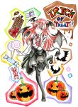 &gt;:) 1girl absurdres armband bat bat_wings black_legwear blush blush_stickers book bow box breasts buttons candy chocolate_bar colored_pencil_(medium) colorful demon_tail dress_shirt dripping english frills gift gift_box goku_(acoloredpencil) halloween head_tilt head_wings heart highres holding holding_book jack-o&#039;-lantern koakuma loafers lollipop long_hair long_sleeves looking_at_viewer necktie payot pointy_ears red_eyes red_ribbon redhead ribbon shirt shoes skirt skirt_set smile solo standing_on_one_leg tail thighhighs touhou traditional_media trick_or_treat vest white_background white_shirt wings zettai_ryouiki 