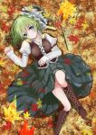  1girl autumn_leaves blue_eyes boots cross-laced_footwear green_hair hat juliet_sleeves knee_boots long_sleeves looking_at_viewer lying on_back puffy_sleeves rod_of_remorse shiki_eiki shirt skirt smile solo touhou urabe_michiru vest 