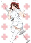  1girl arakawa_kei blush brown_eyes brown_hair dress hat looking_at_viewer needle nonohachi nurse nurse_cap open_mouth oversized_object pointing red_cross saki saki_achiga-hen shoes short_dress short_hair smile solo standing thighhighs white_dress white_legwear wink zettai_ryouiki 