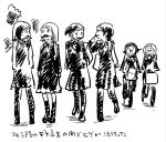  6+girls :d :o ^_^ aoki_toshinao bicycle closed_eyes eye_contact facial_hair glasses looking_at_another monochrome multiple_girls mustache open_mouth school_uniform short_hair skirt smile translation_request walking 