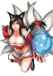  1girl ahri animal_ears bare_shoulders black_hair breasts brown_eyes detached_sleeves fox_ears fox_tail large_breasts league_of_legends long_hair looking_at_viewer qblade smile solo tail thighs 