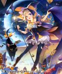  1girl bat black_legwear blonde_hair blue_eyes boots candy cape cat cookie crescent fang food halloween hat long_hair looking_at_viewer original pantyhose revision salt_(salty) shingeki_no_bahamut short_sleeves smile solo staff witch_hat 