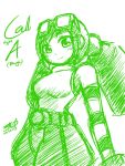 1girl breasts call_(mighty_no._9) dated goggles goggles_on_head headgear mighty_no._9 monochrome robot short_hair signature sketch solo striped_sleeves zilhouette 