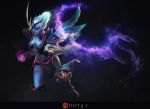  1girl blue_skin defense_of_the_ancients dota_2 feathers hooves red_eyes shendelzare silver_hair solo wings yoru_(xueyinye) 