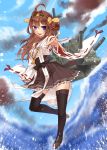  1girl ahoge bare_shoulders black_legwear blush boots brown_hair cannon detached_sleeves double_bun hair_ornament hairband headgear japanese_clothes kantai_collection kongou_(kantai_collection) long_hair nontraditional_miko open_mouth personification skirt smile solo thigh_boots thighhighs turret water yayoi_(egoistic_realism) 