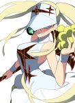  1girl artist_request ball bare_shoulders blonde_hair grin hakodate_omiko kill_la_kill long_hair scope sharp_teeth smile solo tennis_ball twintails visor_cap 