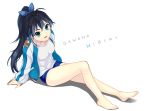  1girl arm_support barefoot black_hair blue_eyes ganaha_hibiki hair_ribbon hamuzou himaya idolmaster jacket legs long_hair ponytail ribbon shadow simple_background smile solo white_background 