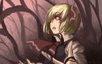  1girl blonde_hair blouse darkness fang hair_ribbon red_eyes ribbon rikkido rumia short_hair smile touhou vest 