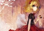  1girl blonde_hair blue_eyes bow character_name closed_eyes dqn_(dqnww) fairy fairy_wings hair_ribbon looking_at_viewer medicine_melancholy outstretched_arm puffy_sleeves ribbon shirt short_hair short_sleeves simple_background skirt solo string su-san touhou wavy_hair wings 