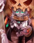  1girl blush bodysuit breasts candy cape gloves glowing glowing_eyes halloween hat jack-o&#039;-lantern kantai_collection looking_at_viewer monster open_mouth pale_skin personification pumpkin shinkaisei-kan silver_hair solo trick_or_treat tsukineko wo-class_aircraft_carrier 