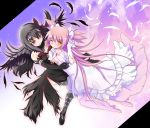  2girls absurdres akemi_homura akuma_homura argyle argyle_legwear bentoss_detritus black_hair blush bow dress feathers goddess_madoka hair_bow hairband highres kaname_madoka long_hair mahou_shoujo_madoka_magica mahou_shoujo_madoka_magica_movie multiple_girls pink_hair soul_gem spoilers two_side_up violet_eyes white_dress wings wink yellow_eyes yuri 