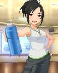  1girl artist_request bangs black_eyes black_hair bottle cargo_pants character_name hair_ornament hairclip hand_on_hip idolmaster idolmaster_cinderella_girls master_trainer official_art open_mouth solo star swept_bangs tank_top trainer_(idolmaster) water_bottle whistle 