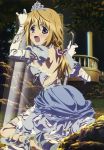 1girl absurdres blonde_hair blue_eyes charlotte_dunois crown d: dress gloves highres infinite_stratos open_mouth riot_shield tagme torn_clothes torn_dress torn_gloves white_gloves 