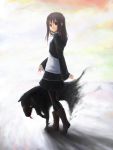  1girl boots brown_hair copyright_request expressionless full_body glowing glowing_eyes long_hair looking_at_viewer looking_back monster pantyhose skirt solo travo walking 