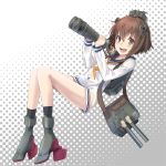  1girl binoculars boots brown_hair buts cannon hair_ornament kantai_collection open_mouth personification sailor_dress school_uniform short_hair smile solo turret yukikaze_(kantai_collection) 