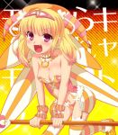  1girl bare_shoulders beatmania beatmania_iidx bemani blonde_hair blush breasts cleavage collar fang futaba_841 hair_ornament hat ki_no_rapika long_hair looking_at_viewer navel open_mouth red_eyes smile solo staff striped striped_legwear thighhighs 