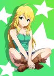  1girl ahoge blonde_hair boots breasts cleavage cowboy_boots crossed_legs denim denim_shorts green_eyes hoshii_miki idolmaster long_hair looking_at_viewer shorts sitting smile solo star sunsun69 v_arms 