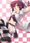  1girl arm_behind_head checkered checkered_background facial_mark fang green_eyes hat looking_at_viewer looking_down merry_nightmare midriff navel open_mouth outstretched_arm purple_hair ribbon shoes short_hair skirt solo striped striped_legwear thighhighs type-alpha yumekui_merry 