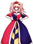  1girl blue_eyes breasts cleavage crown dangan_ronpa drawfag enoshima_junko hands_on_hips jewelry large_breasts long_dress long_hair necklace pink_hair solo twintails 