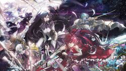  6+girls akemi_homura beret black_hair blonde_hair blue_hair bow_(weapon) cape drill_hair feathers flower goddess_madoka gun handgun hat highres kaname_madoka long_hair magical_girl magical_musket mahou_shoujo_madoka_magica mahou_shoujo_madoka_magica_movie miki_sayaka momoe_nagisa multiple_girls pantyhose pink_hair polearm ponytail redhead sakura_kyouko shield short_hair spear stu_dts sword thighhighs tomoe_mami twin_drills weapon white_hair zettai_ryouiki 