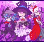  3girls bat bat_wings bifrst blue_hair book cape halloween hat highres izayoi_sakuya knife long_hair multiple_girls open_book patchouli_knowledge purple_hair red_eyes remilia_scarlet short_hair silver_hair touhou violet_eyes wings witch_hat 