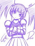  1girl :&lt; blush call_(inafune_keiji) crossed_arms dated head_tilt headphones long_hair mighty_no._9 monochrome robot robot_joints signature sketch skirt solo twintails zilhouette 
