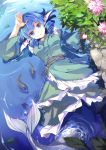  1girl blue_eyes blue_hair breasts curly_hair fish flower hasebe_yuusaku head_fins highres japanese_clothes mermaid monster_girl partially_submerged rock solo touhou wakasagihime 
