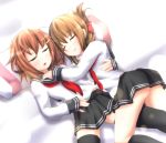  2girls blush brown_hair evandragon fang hair_ornament hairclip hug ikazuchi_(kantai_collection) inazuma_(kantai_collection) kantai_collection kneehighs long_sleeves multiple_girls neckerchief on_bed school_uniform serafuku sleeping thighhighs 