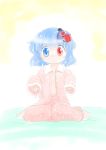  1girl blue_eyes blue_hair hair_ornament heterochromia karakasa_obake looking_at_viewer mizuki_hitoshi open_clothes open_shirt pajamas polka_dot red_eyes short_hair sitting sleeves_past_wrists solo tatara_kogasa tongue touhou umbrella unbuttoned wariza 