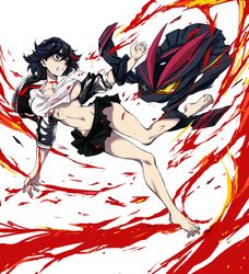  1girl arm_grab barefoot black_hair blood blush breasts kill_la_kill leg_grab living_clothes matoi_ryuuko navel senketsu short_hair skirt underboob you_(pisan) 