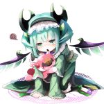  1girl aqua_eyes aqua_hair astaroth_(p&amp;d) blush closed_eyes doll dress emam_0201 green_dress hairband horns mouth_hold open_mouth pentagram puzzle_&amp;_dragons short_hair solo squiggle tears wings 