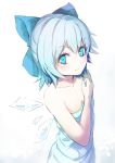  1girl bare_shoulders blue_eyes blue_hair blush bow cirno culter hair_bow naked_towel short_hair smile solo touhou towel wings 