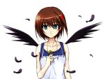  1girl black_wings blue_eyes brown_hair dress feathers hair_ornament jewelry lyrical_nanoha mahou_shoujo_lyrical_nanoha mahou_shoujo_lyrical_nanoha_a&#039;s necklace rin-illustration schwertkreuz short_hair smile solo wings yagami_hayate 