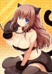  1girl animal_ears arm_support bare_shoulders black_legwear blue_eyes blush breasts brown_hair cat_ears cat_paws cat_tail chain cleavage collar collarbone fur_trim halloween highres large_breasts long_hair looking_at_viewer midriff original paws ruri_rarako sitting solo tail thighhighs wariza wavy_hair 